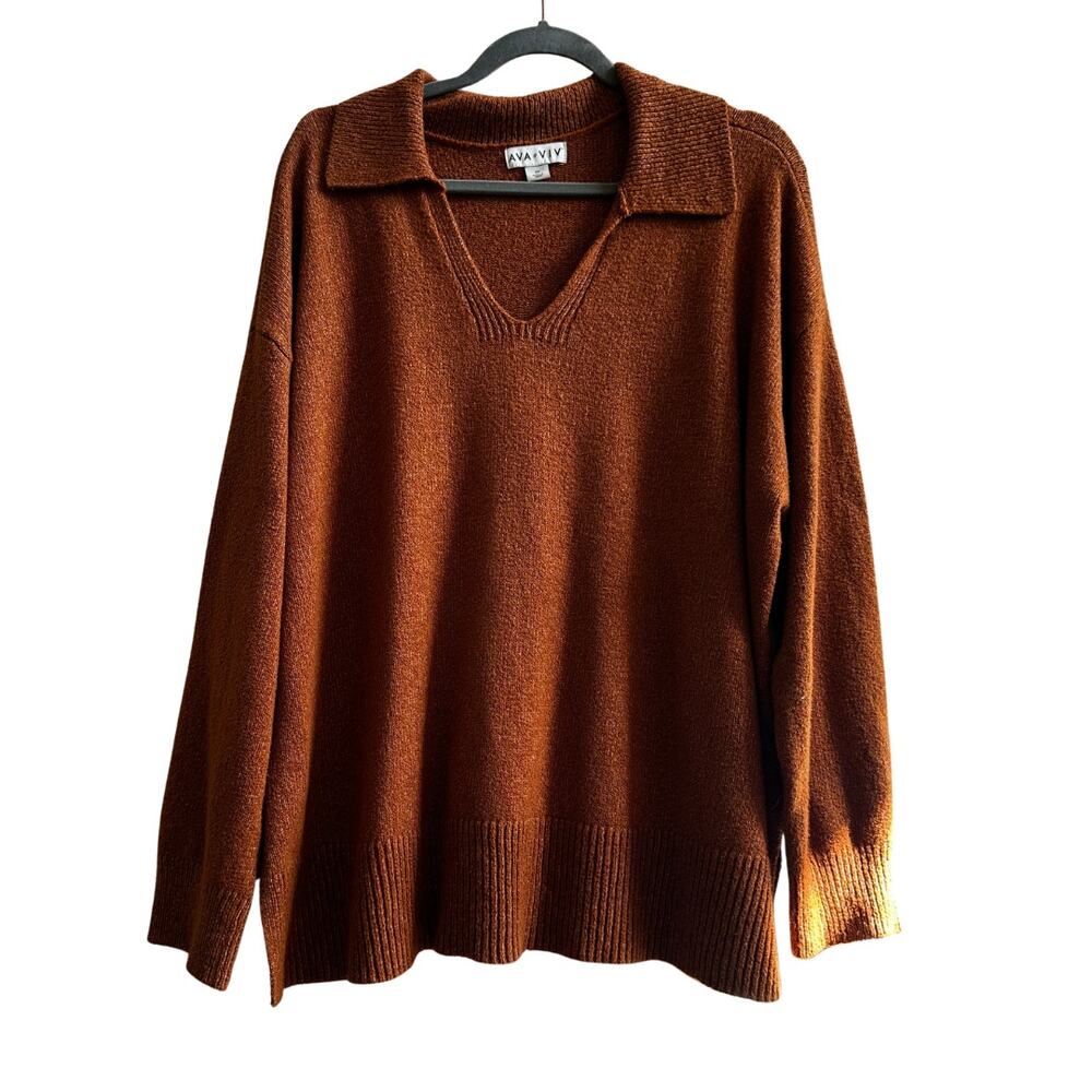 Ava & Viv Rust Brown Collared V-Neck Knit Sweater 2X